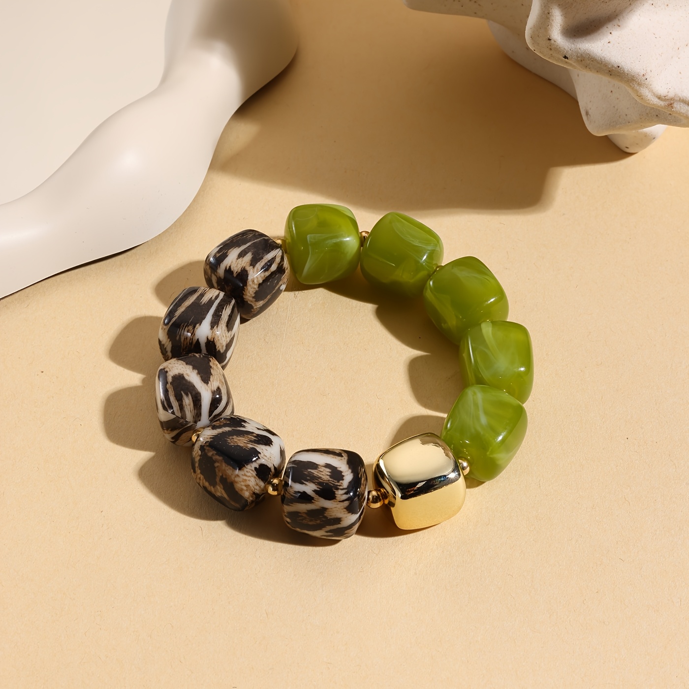 Leopard Print Dopamine Color Block Beaded Stretch Bracelet